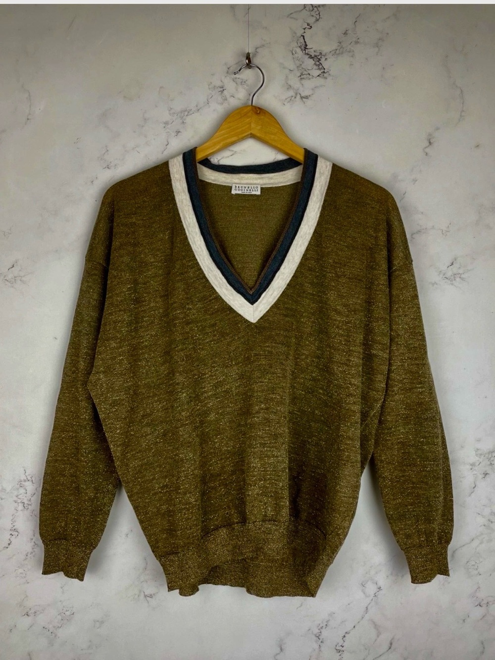 Brunello Cucinelli Golden Tan V-Neck Sweater with Black and Cream T